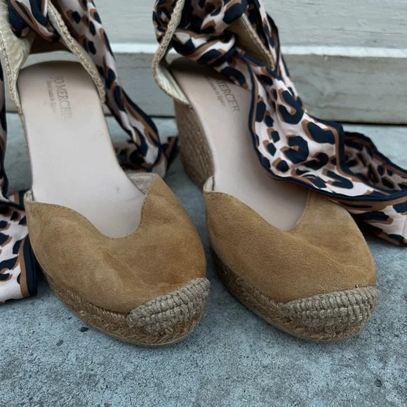Jo Mercer Womens High Heel Rattan Wedge Tan Suede Shoes Leopard Strap 39/8 - Picture 3 of 4